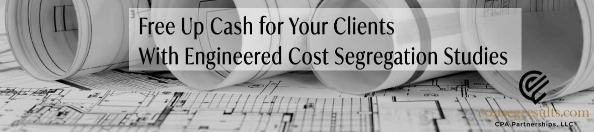 Blueprints background with text overlay: Free Up Cash for Your Clients with Engineered Cost Segregation Studies – CPA Partnerships program for accountants